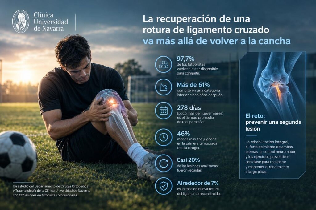 El 97.7 % de  futbolistas vuelve a competir tras una rotura de cruzado, pero más de la mitad juega en una categoría inferior 5 años después